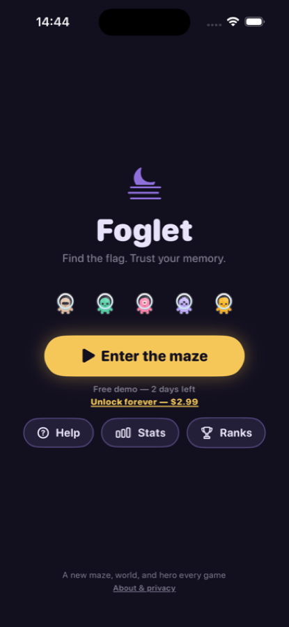 Foglet main menu with the five foglets