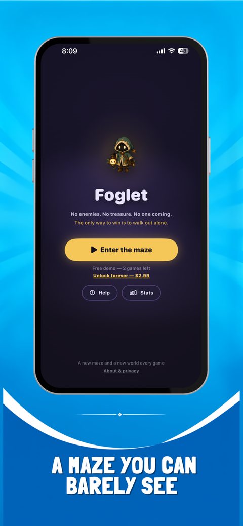 Foglet title screen with the hooded hero and the Enter the maze button