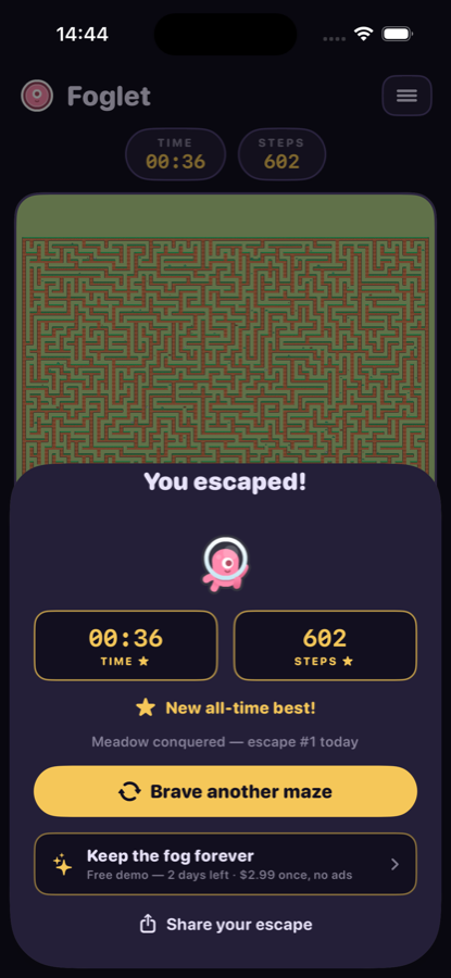 Foglet victory screen with time and step records